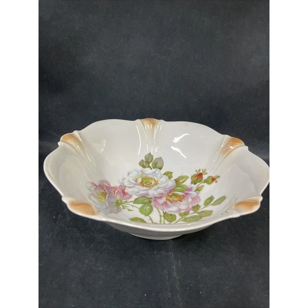 Antique‎ Porcelain Floral Serving Bowl 10.5” Hand Painted Made in Germany